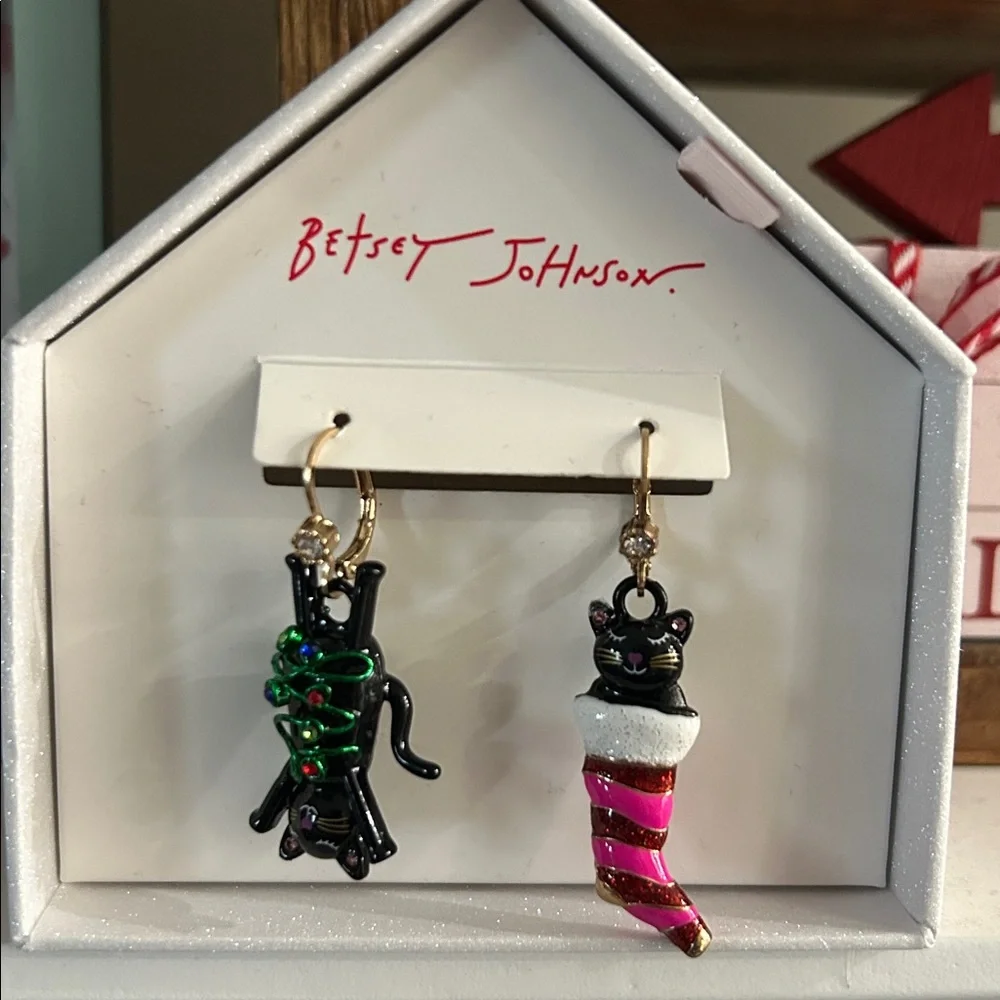 Betsey Johnson Festive Black and Pink Cat Earrings